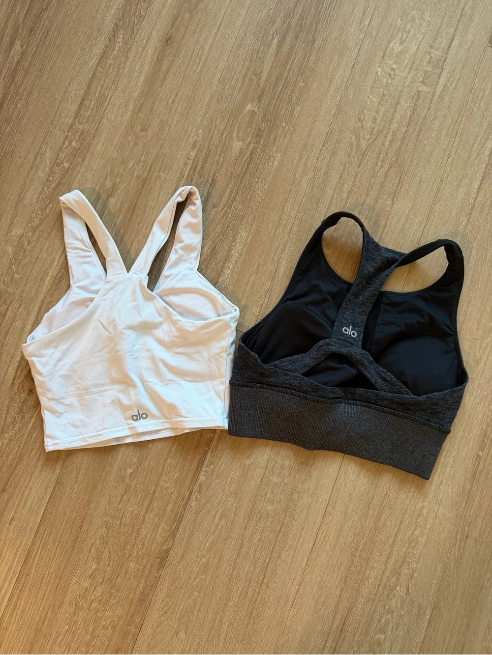 Two ALO Yoga Bra Tops - White V-Neck & Gray Cropped Sports Bra